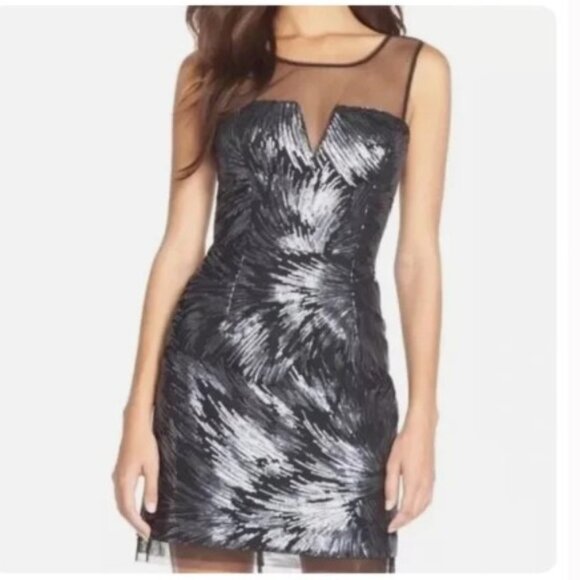NWOT BCBGMAXAZRIA Abigail Navy Sequin Illusion Mesh Sheath Mini Dress Sz 0 - Picture 1 of 9